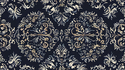 Fototapeta premium Elegant dark blue damask pattern with gold and white flourishes creating a luxurious background