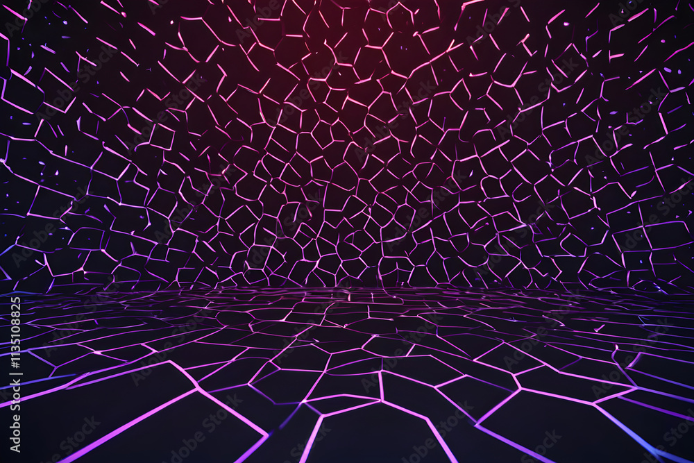 Poster glowing purple lines creating abstract mosaic pattern on wall and floor
