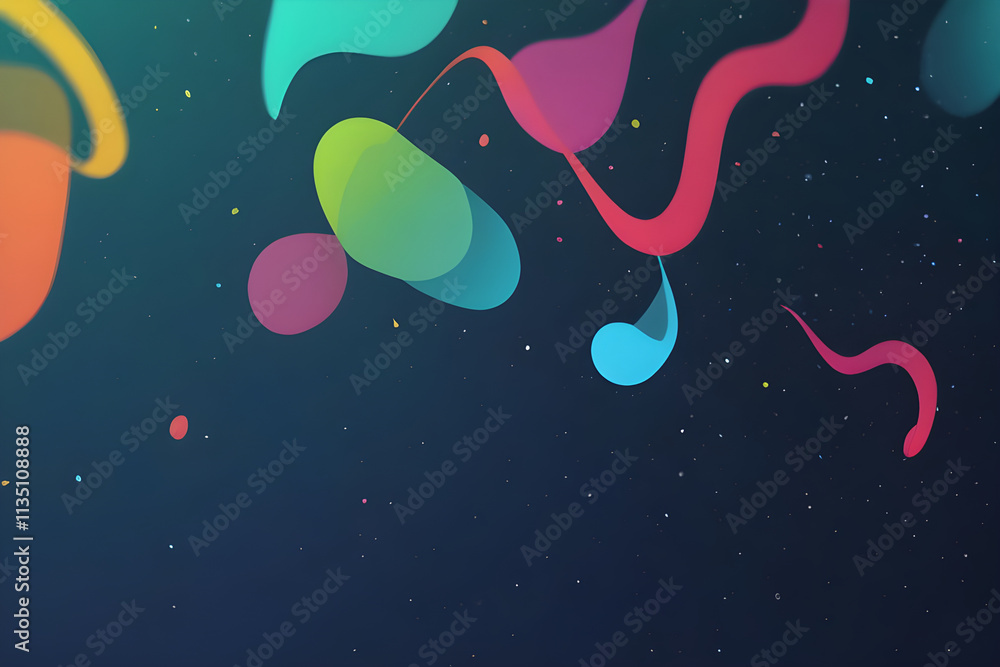 Poster colorful abstract shapes floating in dark space with glitter particles