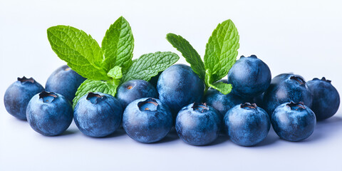 Fresh Blueberries with Mint on White Background"