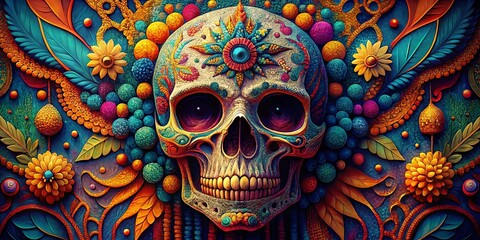 Obraz premium Pixel Illustration of a Skeleton Head Captured from a Drone's Perspective, Showcasing Vibrant Colors and Unique Shapes against a Stunning Landscape Backdrop