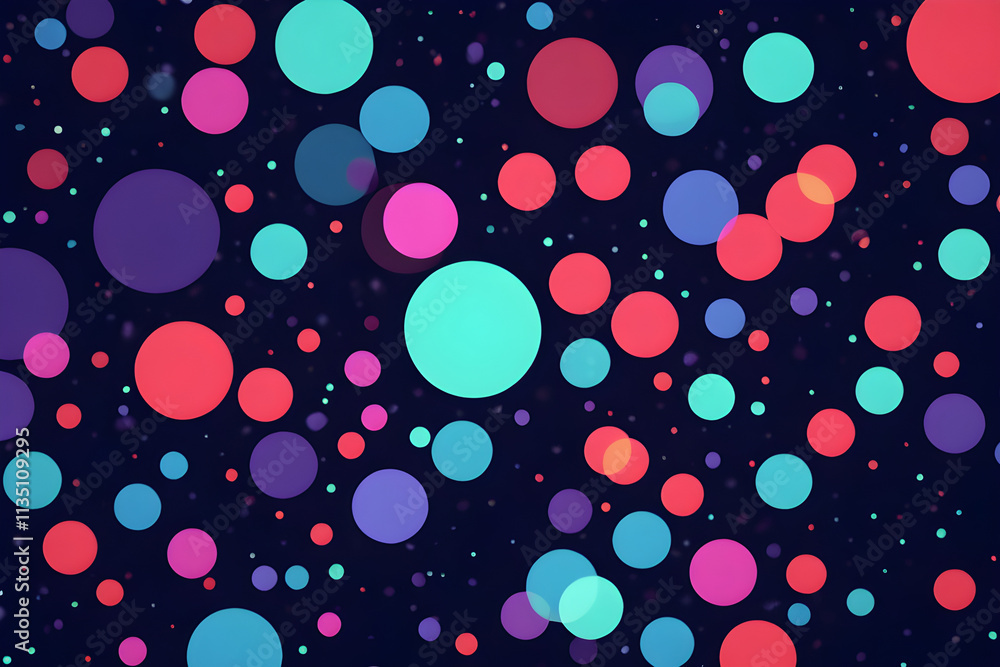 Poster colorful circles floating and glowing on dark background with particles