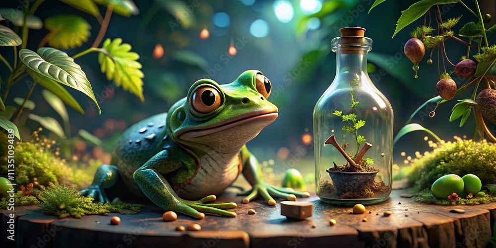 Aufkleber playful drunken frog with bottle in macro photography - 3d render loop with alpha channel for unique