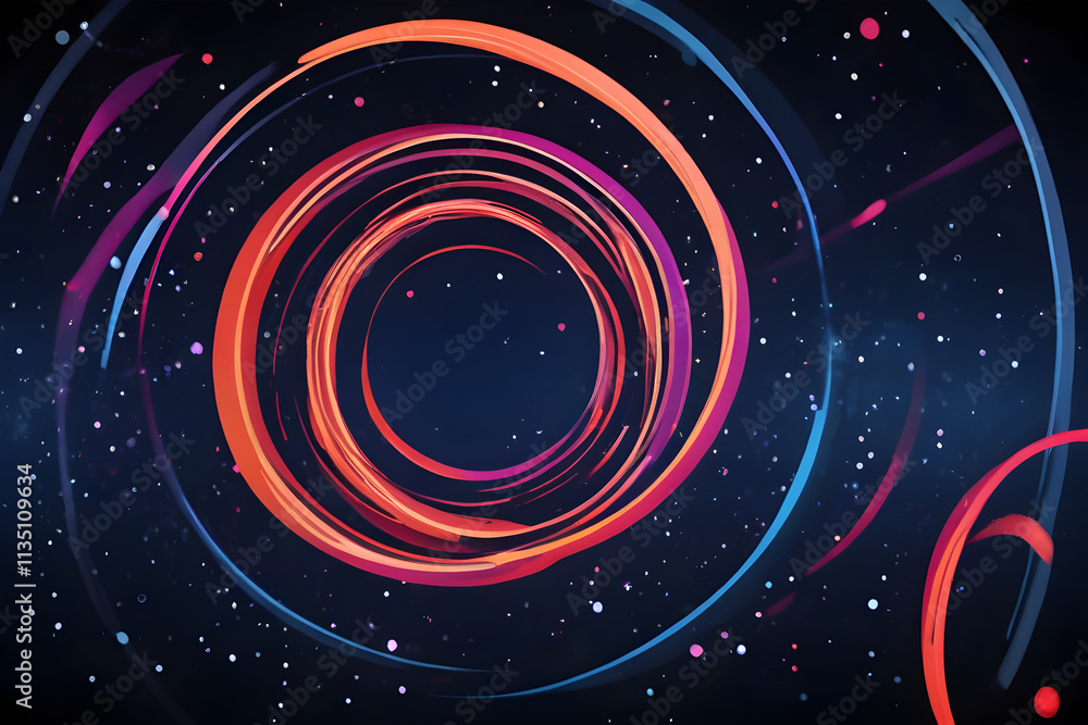 Poster colorful concentric circles rotating in dark space with particles