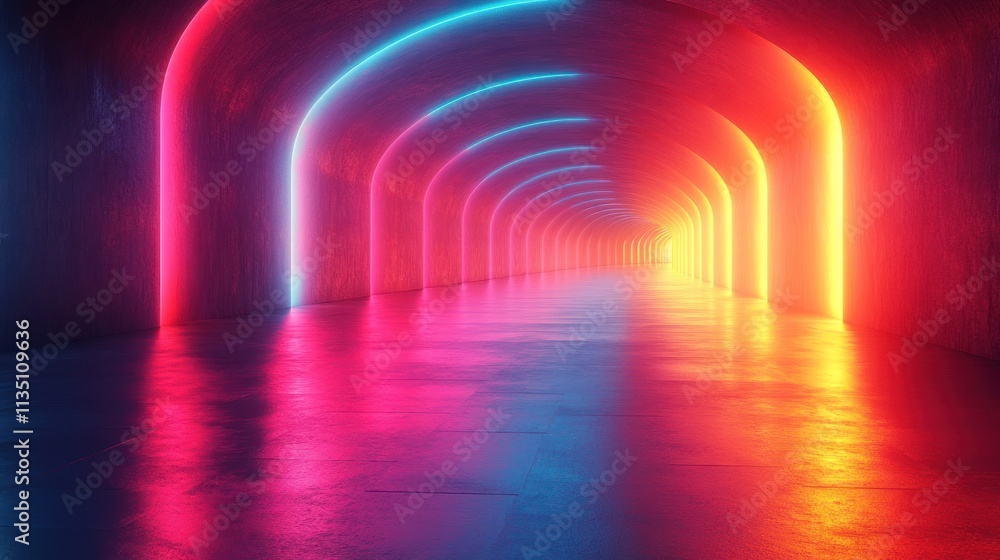 Poster a vibrant, illuminated tunnel with colorful neon lights reflecting on the floor.