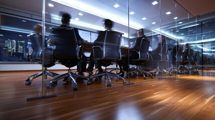 Obraz premium In modern office, meeting is progress with blurred figures around conference table, showcasing collaboration and discussion