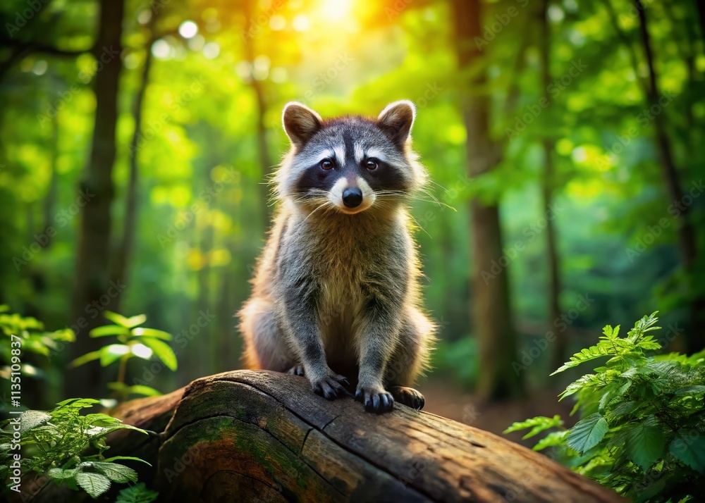 Poster playful little raccoon on a log in a beautiful forest setting captured using the rule of thirds for 