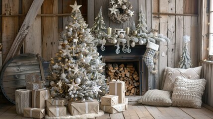 A Christmas tree decorated with white stars and silver decorations stands near the fireplace 