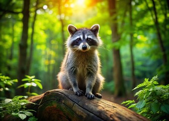 Obraz premium Playful Little Raccoon on a Log in a Beautiful Forest Setting Captured Using the Rule of Thirds for a Stunning Nature Portrait