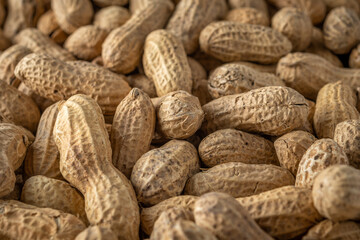 Close-up view of peanut in a shell. Food background. Top view.
