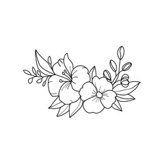 Hand-drawn black flowers bouquet, illustration outline image, Botanical bunch with flowers and leaves , Minimalist contour drawing of flower.  Thin line drawing of flower botany.