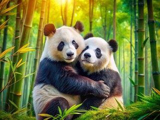 Obraz premium Playful Pandas Embracing in a Lush Bamboo Forest, Capturing the Joy of Friendship in Nature's Green Oasis, Perfect for Wildlife Lovers and Conservation Themes
