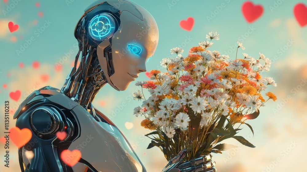 Poster a futuristic robot delicately holding a bouquet of colorful flowers, surrounded by floating hearts. 