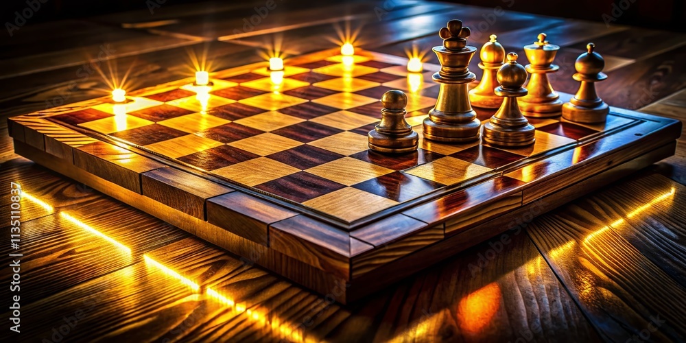 Aufkleber polished chessboard with light and dark wood squares in low light setting, showing elegant reflectio