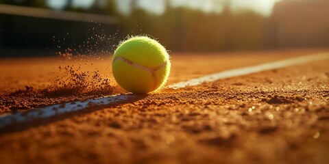 Tennis ball hitting the line on a clay court, Generative Ai