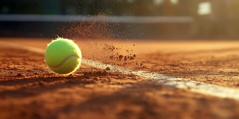 Tennis ball hitting the line on a clay court, Generative Ai