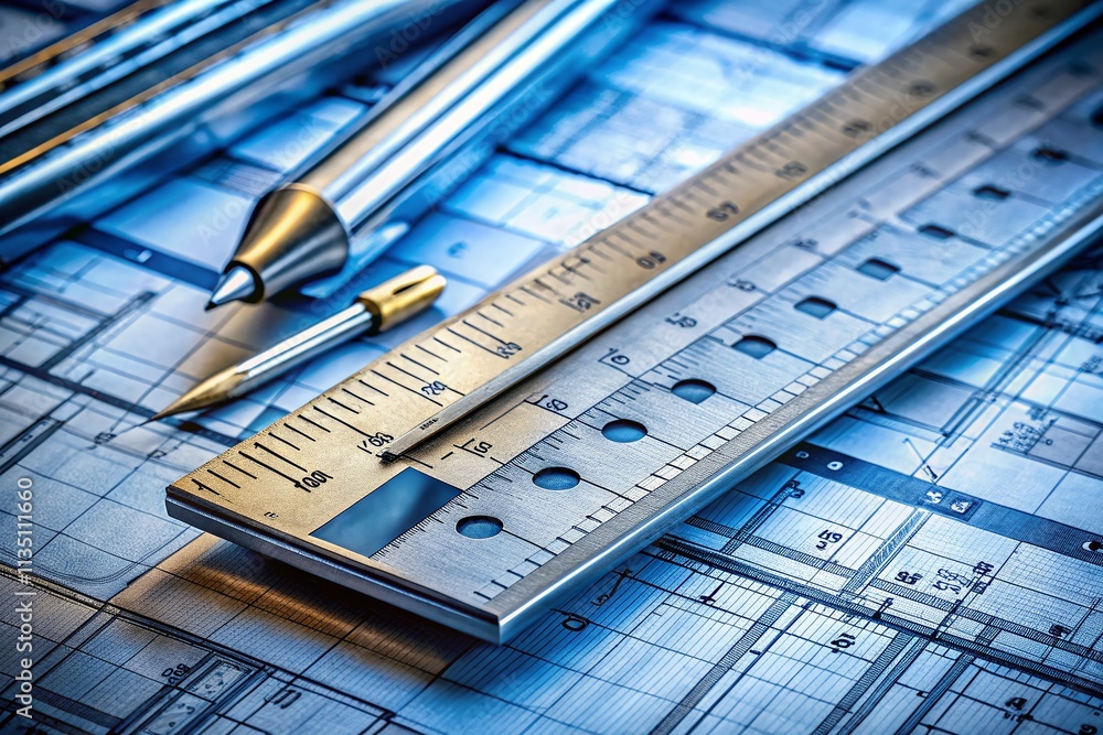 Poster precision in architectural measurement: metal construction ruler in millimeters on a table surrounde