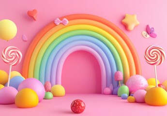 Colorful rainbow arch with candy and playful decor in pink backdrop