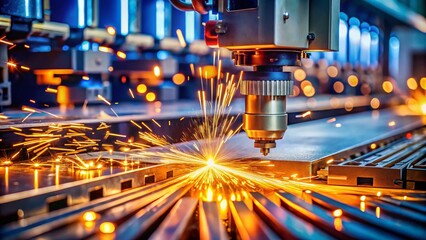 Precision Laser Cutting Machine Emitting Sparks While Working on Metal Surface in Industrial Workshop Setting, Showcasing Advanced Technology and Precision Engineering