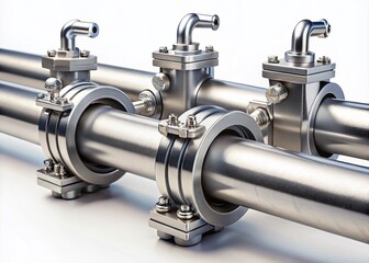 Professional Portrait of a Set of Pipes with Clamps on a Clean White Background, Showcasing Industrial Design and Functionality in a Minimalist Style for Stock Photography