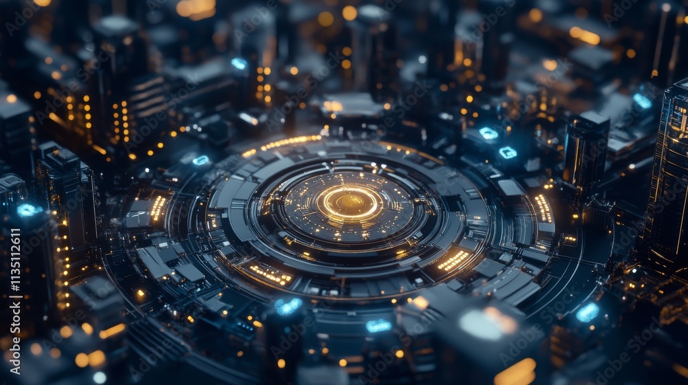 Poster a futuristic cityscape with a glowing circular technology hub in the center, surrounded by illuminat