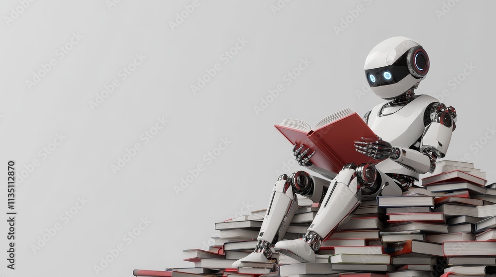 Poster a sleek white robot with glowing eyes is seated and reading a book, surrounded by piles of books in 