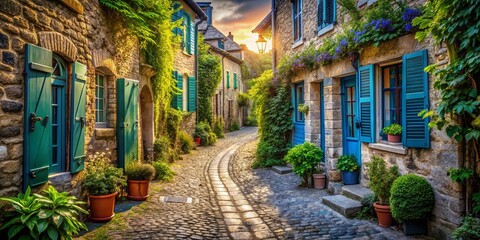 Fototapeta premium Quaint Cobblestone Alleyway with Blue Shuttered Stone Houses in a Charming European Village Surrounded by Lush Greenery and Soft Bokeh Effect for a Dreamy Atmosphere