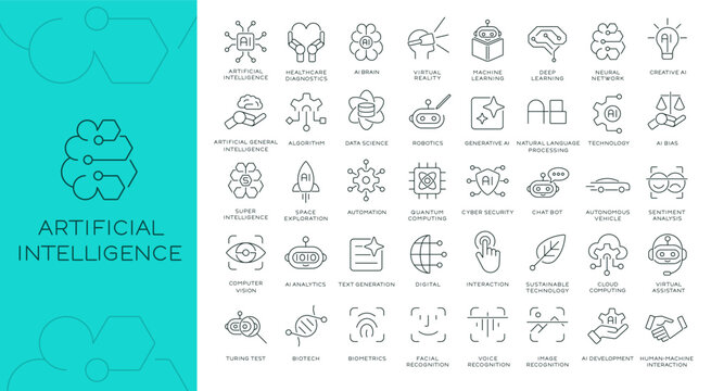 Artificial intelligence thin line icon set for website and app. Outline symbol collection related to ai, technology, automation, innovation. Modern style. Editable vector stroke. 256x256 Pixel Perfect