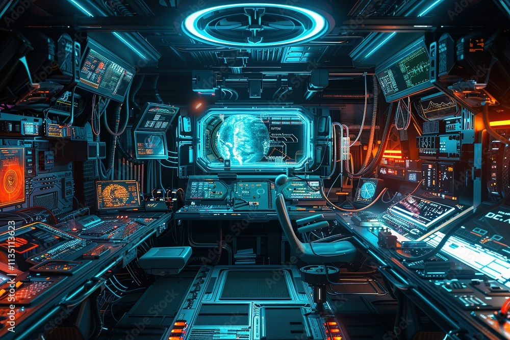 Poster futuristic room with a large monitor showing a planet