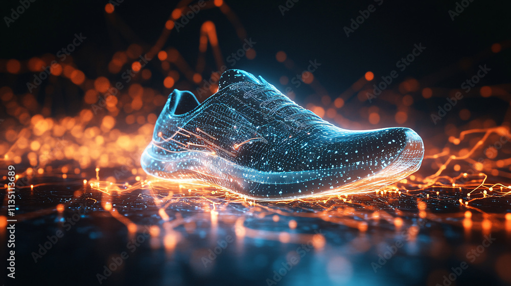 Poster a glowing running shoe icon with dynamic data streams, symbolizing online fitness tracking platforms