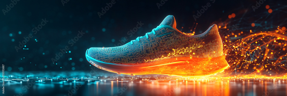 Poster a glowing running shoe icon with dynamic data streams, symbolizing online fitness tracking platforms