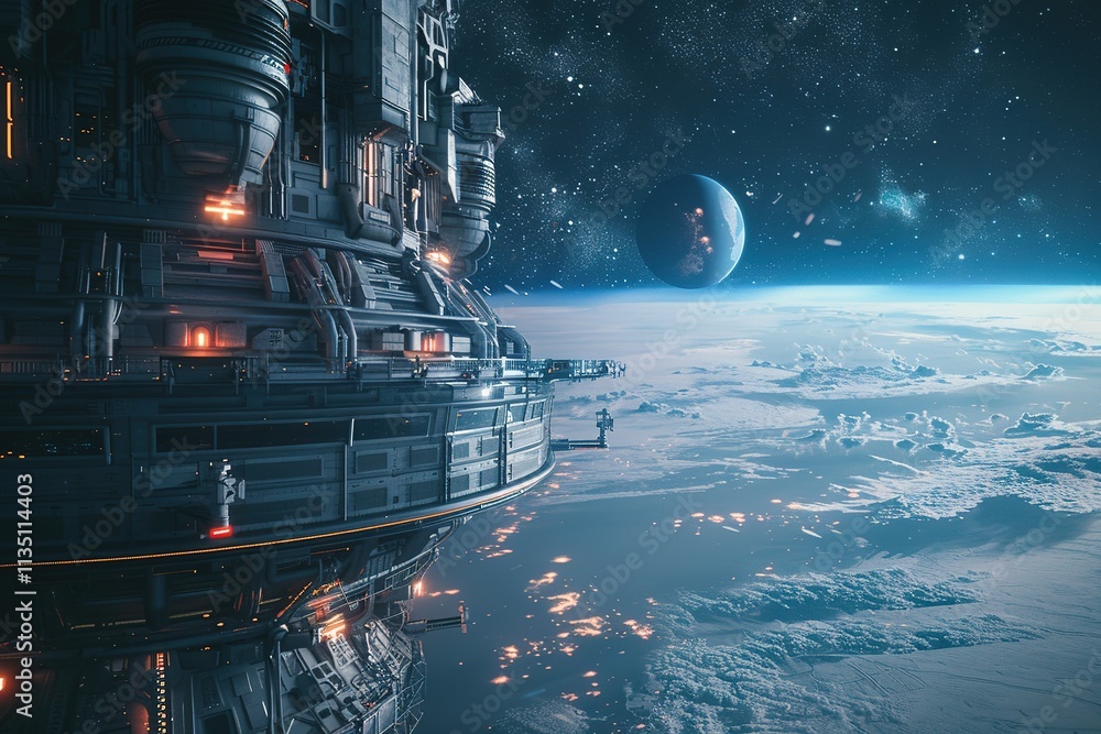 Poster space station is shown in the distance with a planet in the background