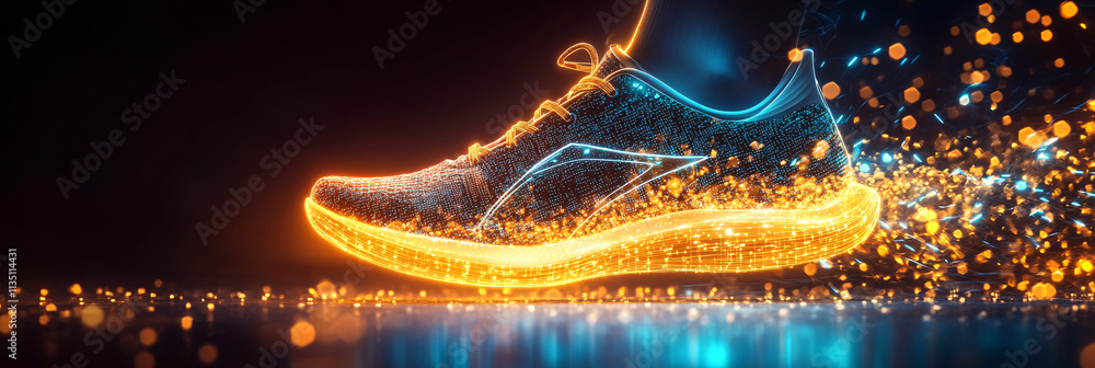 Poster a glowing running shoe icon with dynamic data streams, symbolizing online fitness tracking platforms