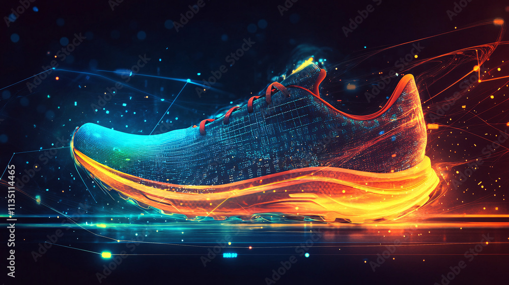 Poster a glowing running shoe icon with dynamic data streams, symbolizing online fitness tracking platforms