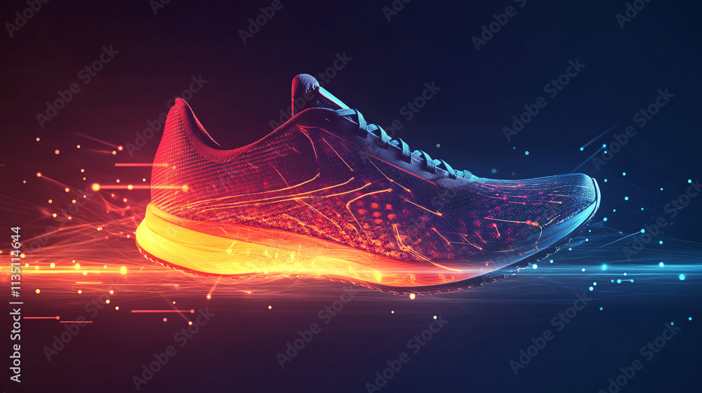 Poster a glowing running shoe icon with dynamic data streams, symbolizing online fitness tracking platforms