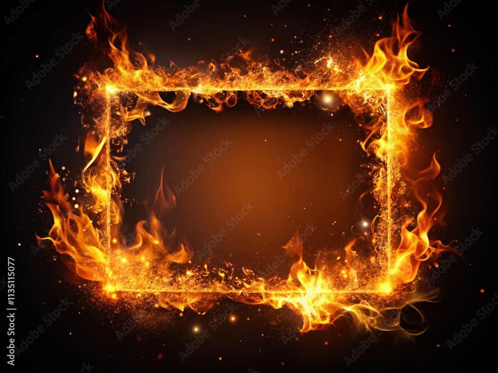 Poster realistic flames and sparks frame for text overlay, perfect for creative projects and visual designs