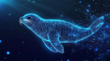 A glowing seal icon surrounded by marine ecosystem data, representing online ocean wildlife platforms, digital research tools, and conservation initiatives. 