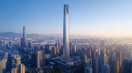 Sunrise view of a skyscraper in a modern city.