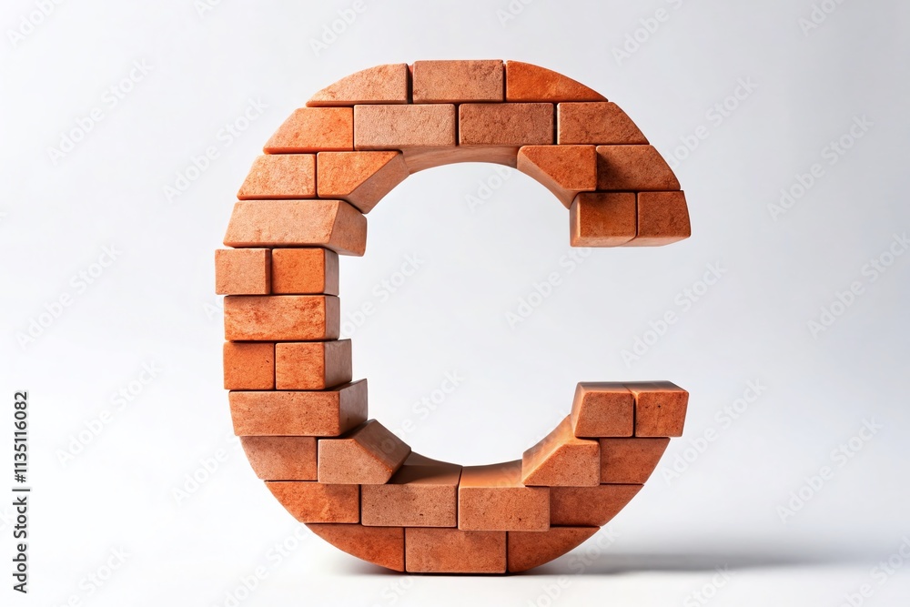 Poster red brick letter c on a clean white background using the rule of thirds for enhanced composition and