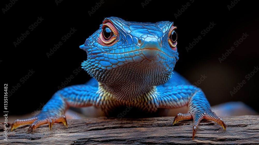 Poster a vivid close-up of a blue lizard resting on a log, showcasing its intricate textures and colors.