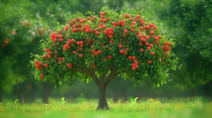 Lush apple tree laden with ripe, red apples in a verdant orchard setting.