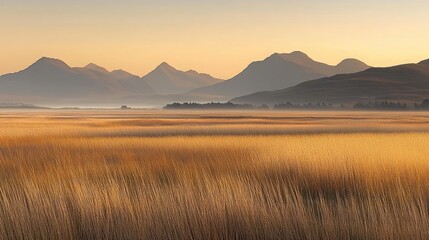 Fototapeta premium Golden Sunrise Over Misty Mountains and Grasslands