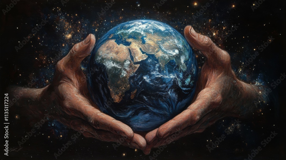 Poster a pair of hands gently cradles the earth, symbolizing care for the planet against the vastness of sp