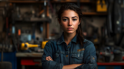 Fototapeta premium A determined female mechanic commands attention, her stance exuding confidence and expertise in the bustling auto repair shop. 