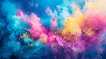 Vibrant cloud of colorful Holi powder against blue sky