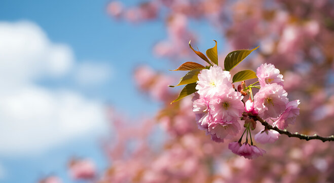A close-up of pink cherry blossoms on branches against a light blue sky.
