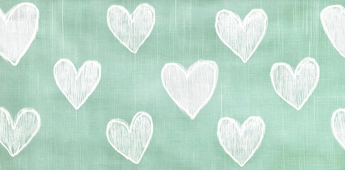 A pattern of white hearts on a soft green background, conveying love and affection.