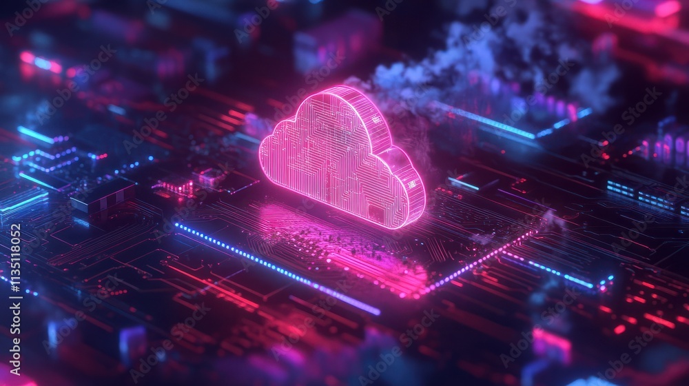 Poster abstract cloud computing illustration: digital cloud symbol above a circuit board with futuristic ho