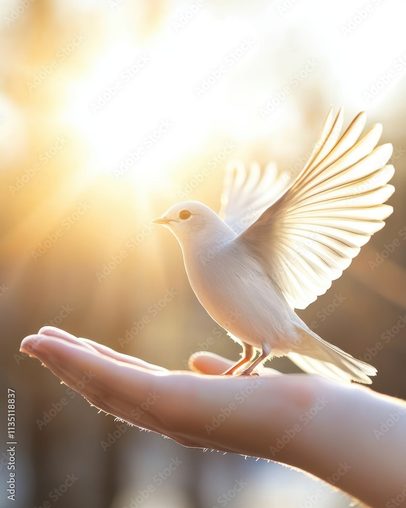 Aufkleber dove representing hope and recovery takes flight from an open hand in warm sunlight