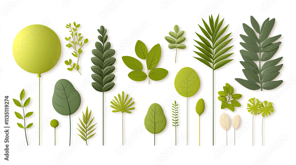 Poster a collection of various green leaves and plant elements on a white background showcasing the diversi